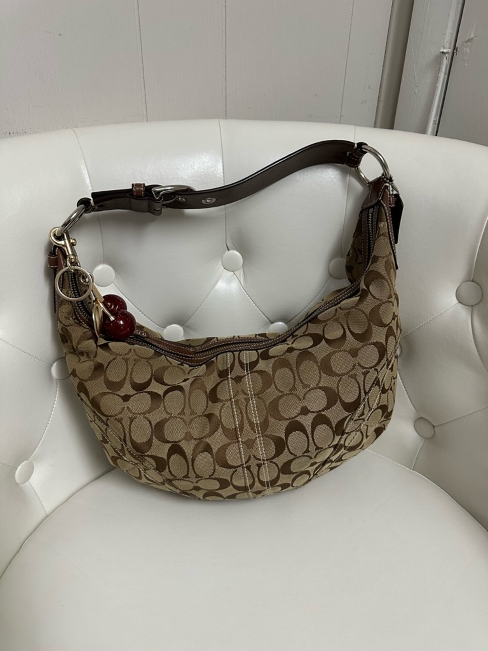 Coach Tan and Brown Signature Canvas Hobo with Cherry Charm